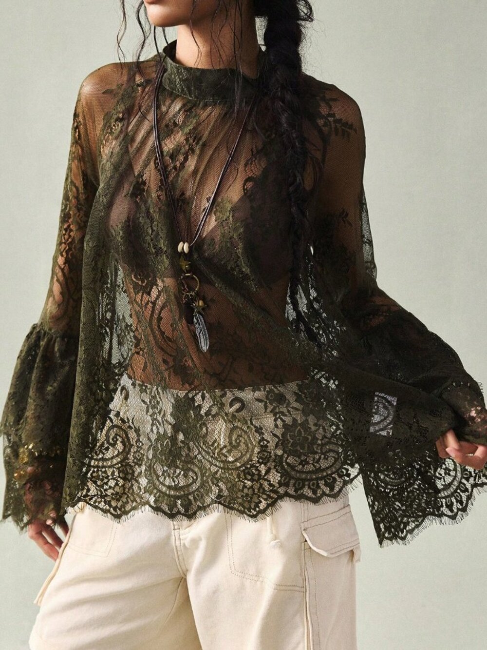 Army Green Elegant Women's Sheer Lace Flowy Sleeve Blouse - Picture 4 of 6